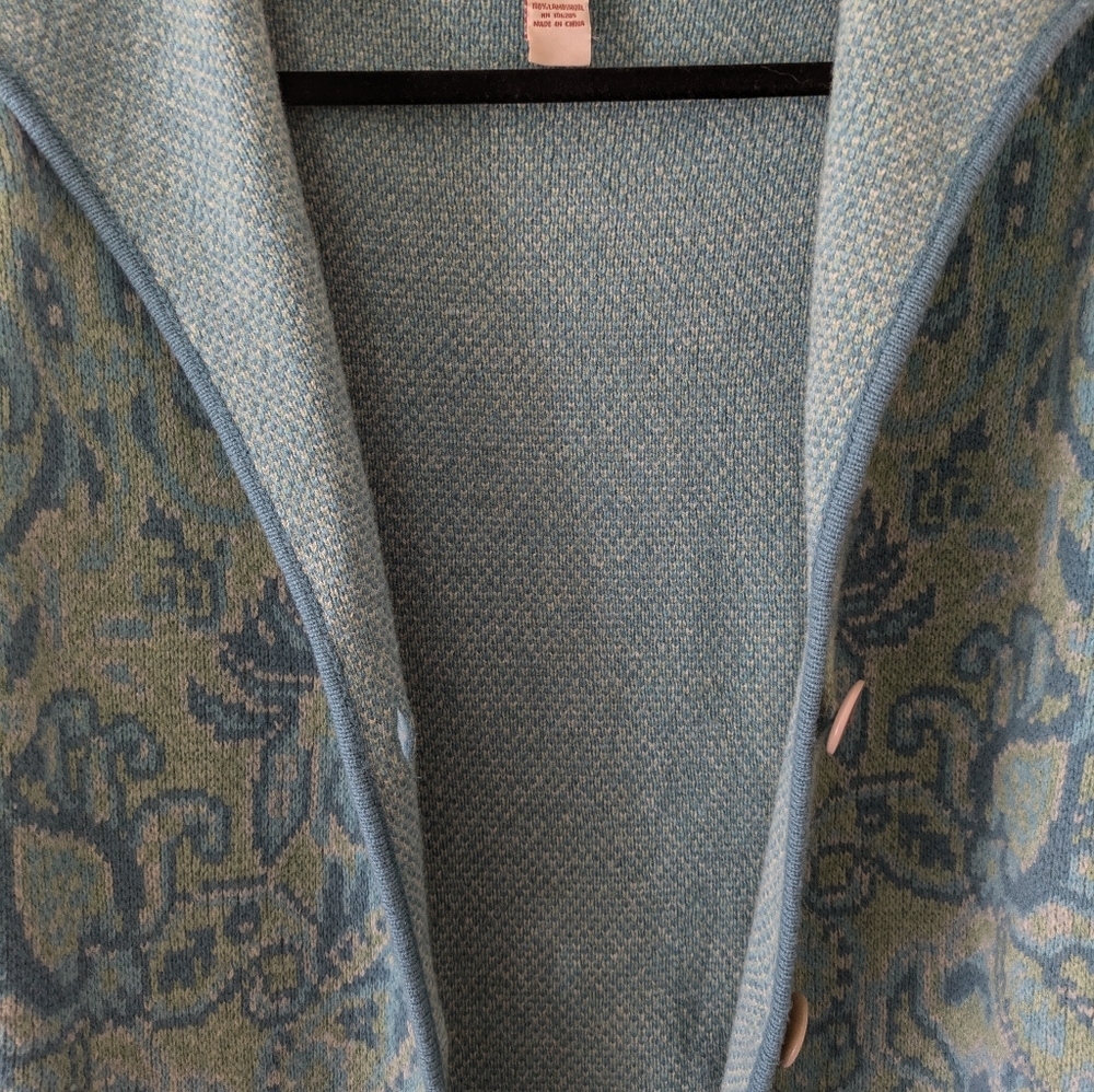 Sundance 100% Lambswool Teal Jacquard Jacket Cardigan sz PS Boho Fisherman - Picture 10 of 11